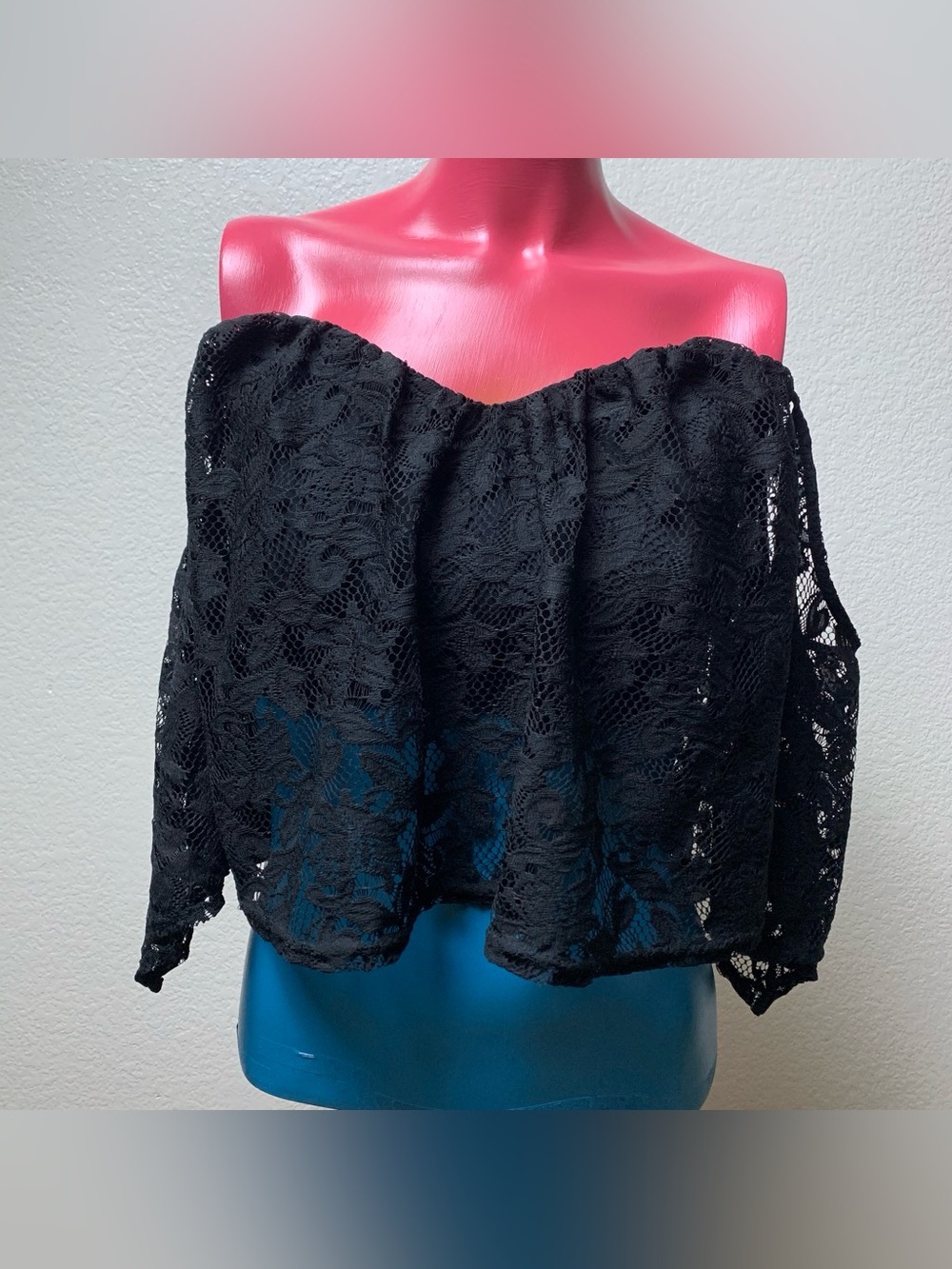 Forever 21 Black Lace Off Shoulder Crop Top Bell Sleeve Boho Festival Women
